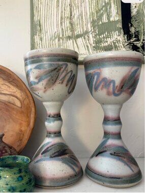 Vintage '87 Pair of Abstract Pottery Goblets